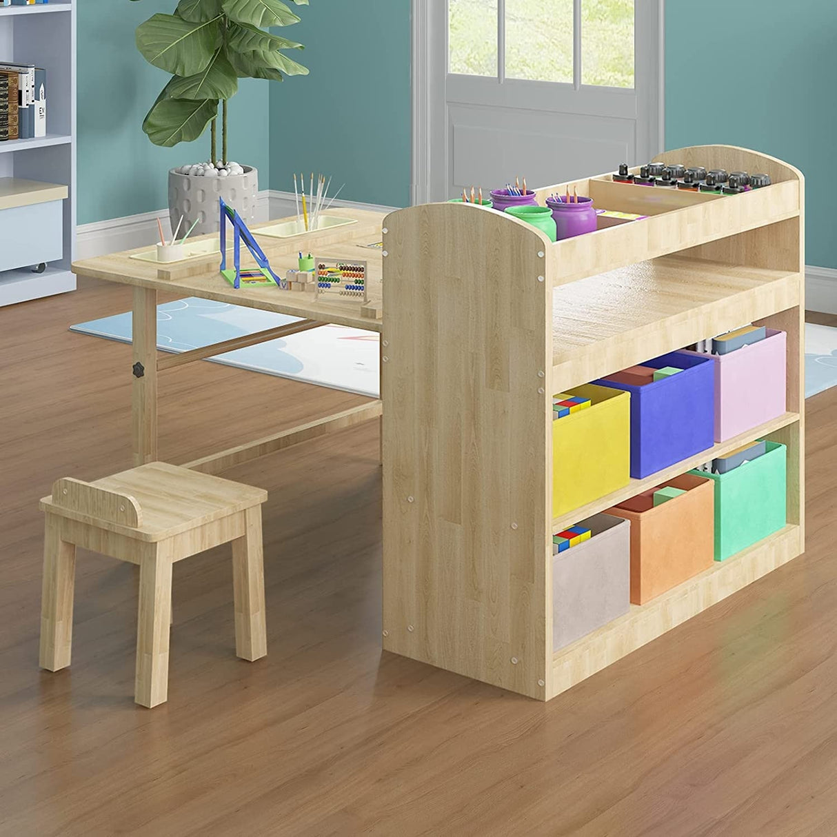 Kids Art Table and 2 Chairs,Kid Craft Table with Supplies Storage Shelves,Canvas Bins,Paper Roll for Preschool Toddler
