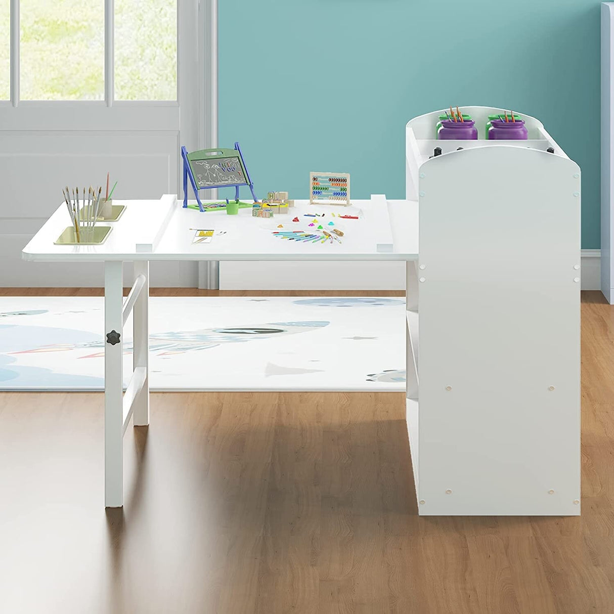 Kids Art Table and 2 Chairs,Kid Craft Table with Supplies Storage Shelves,Canvas Bins,Paper Roll for Preschool Toddler