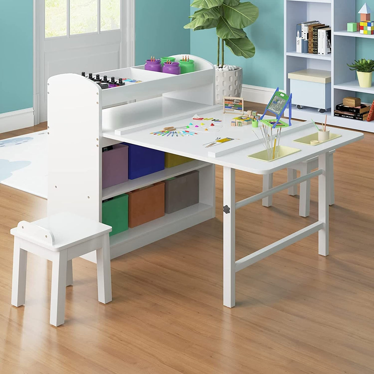 Kids Art Table and 2 Chairs,Kid Craft Table with Supplies Storage Shelves,Canvas Bins,Paper Roll for Preschool Toddler