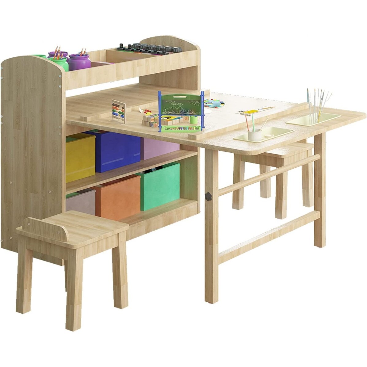 Kids Art Table and 2 Chairs,Kid Craft Table with Supplies Storage Shelves,Canvas Bins,Paper Roll for Preschool Toddler