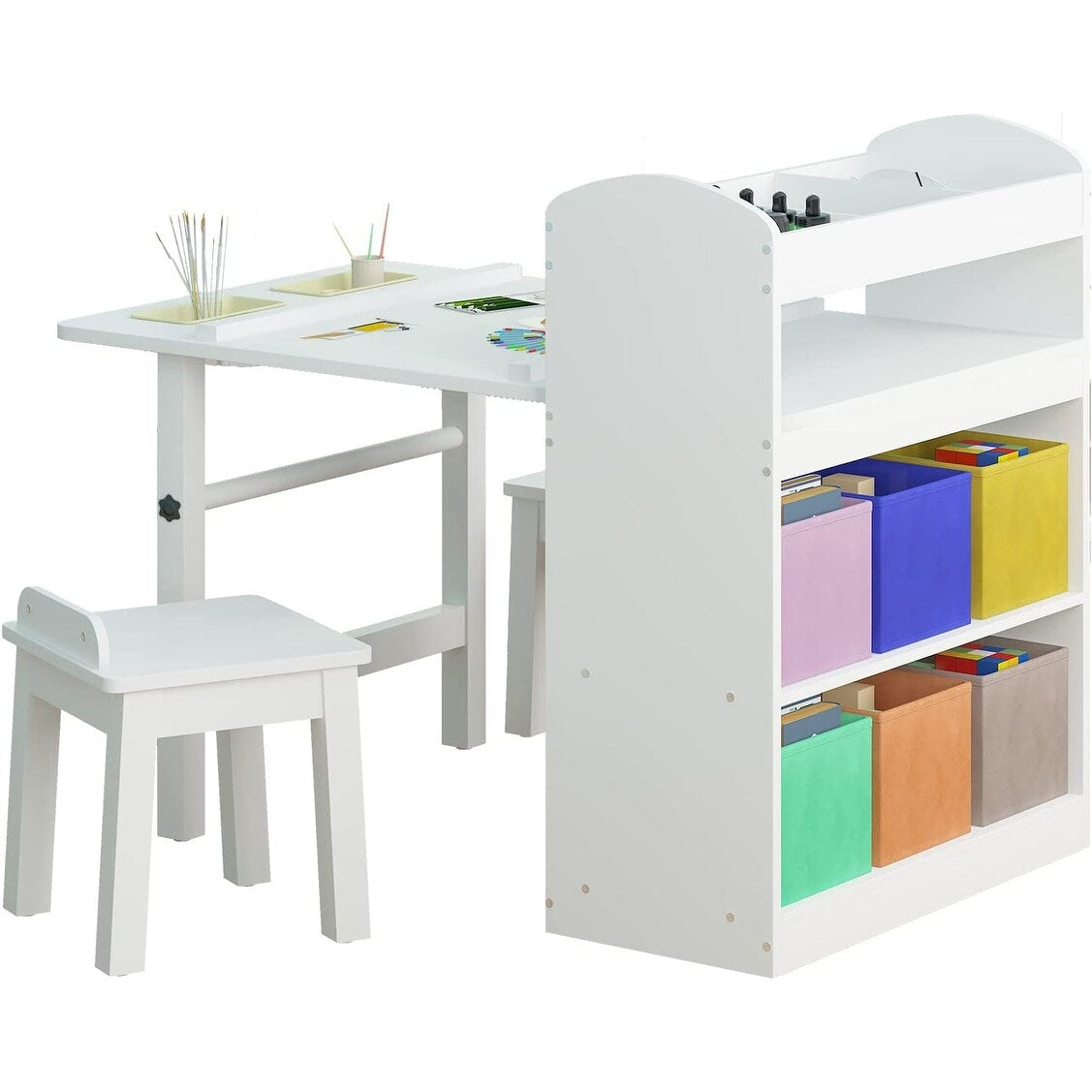 Kids Art Table and 2 Chairs,Kid Craft Table with Supplies Storage Shelves,Canvas Bins,Paper Roll for Preschool Toddler