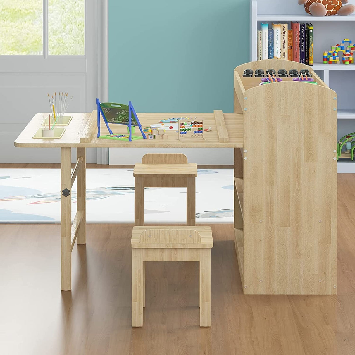Kids Art Table and 2 Chairs,Kid Craft Table with Supplies Storage Shelves,Canvas Bins,Paper Roll for Preschool Toddler