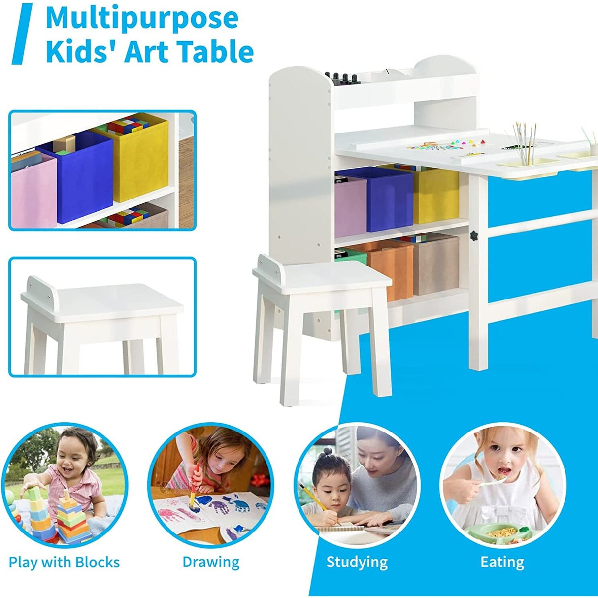 Kids Art Table and 2 Chairs,Kid Craft Table with Supplies Storage Shelves,Canvas Bins,Paper Roll for Preschool Toddler