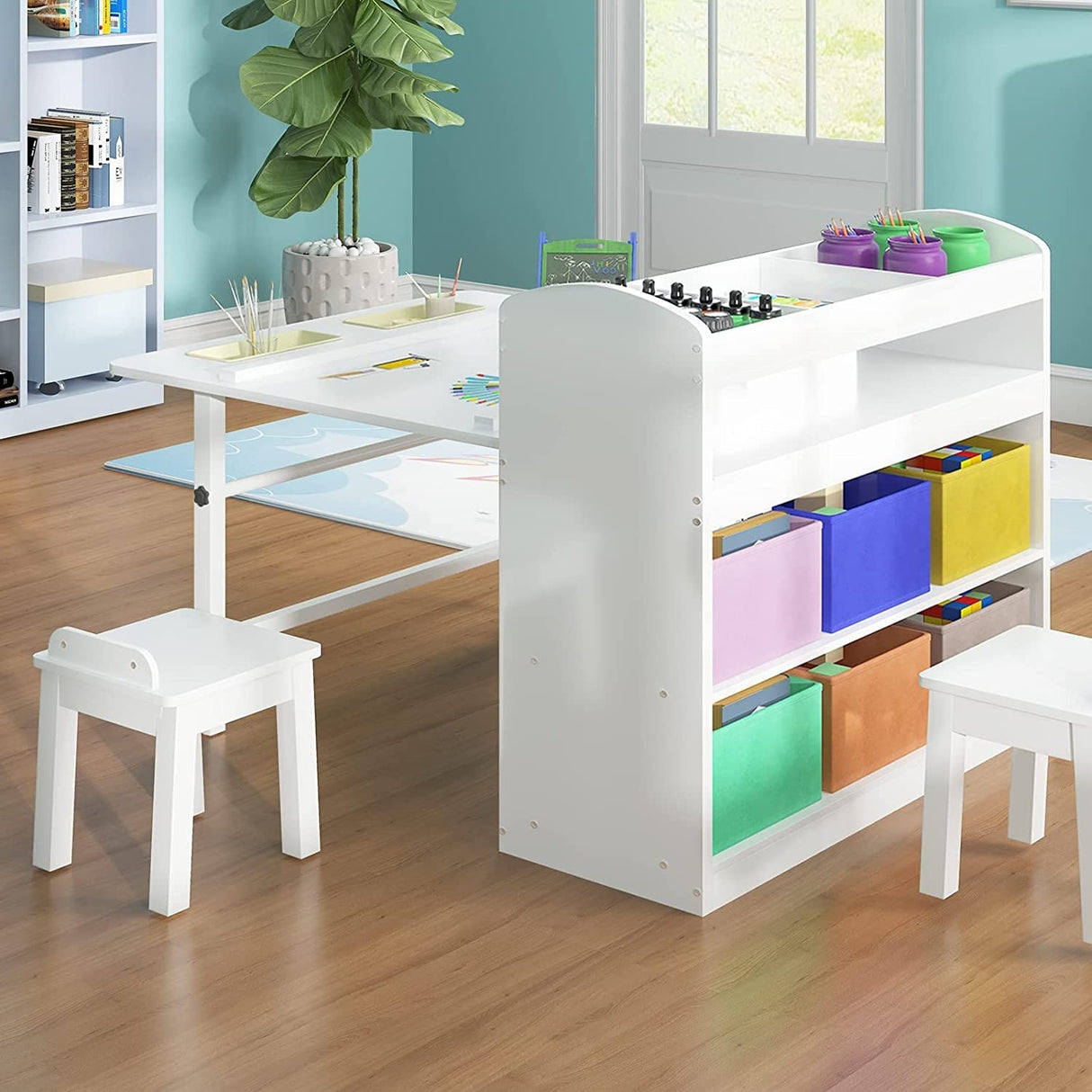 Kids Art Table and 2 Chairs,Kid Craft Table with Supplies Storage Shelves,Canvas Bins,Paper Roll for Preschool Toddler