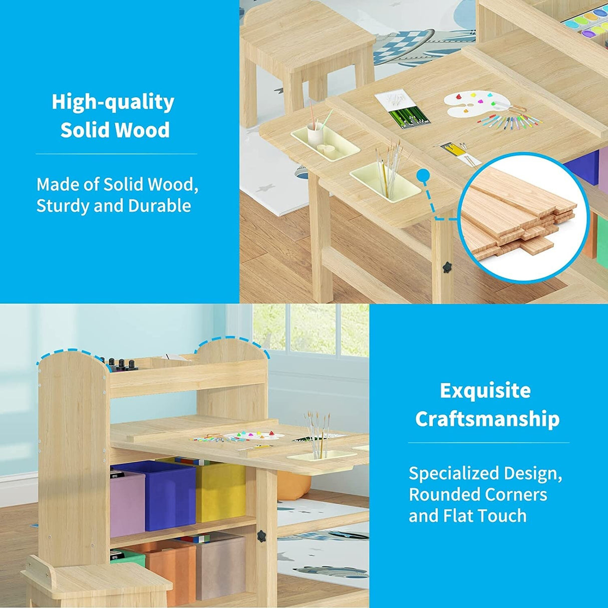 Kids Art Table and 2 Chairs,Kid Craft Table with Supplies Storage Shelves,Canvas Bins,Paper Roll for Preschool Toddler