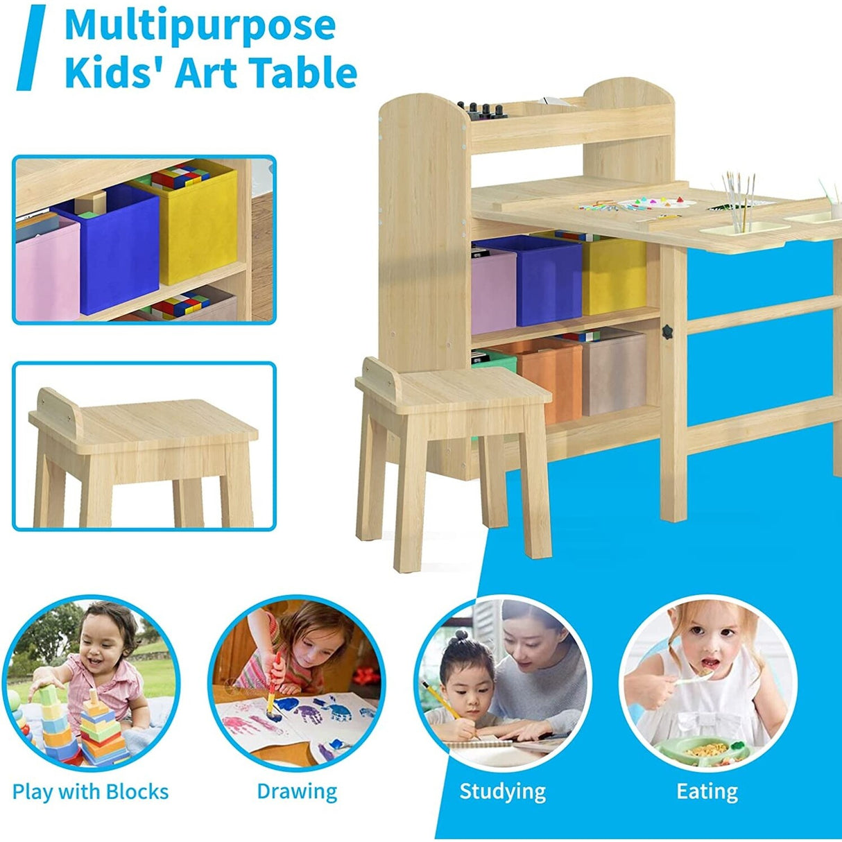 Kids Art Table and 2 Chairs,Kid Craft Table with Supplies Storage Shelves,Canvas Bins,Paper Roll for Preschool Toddler