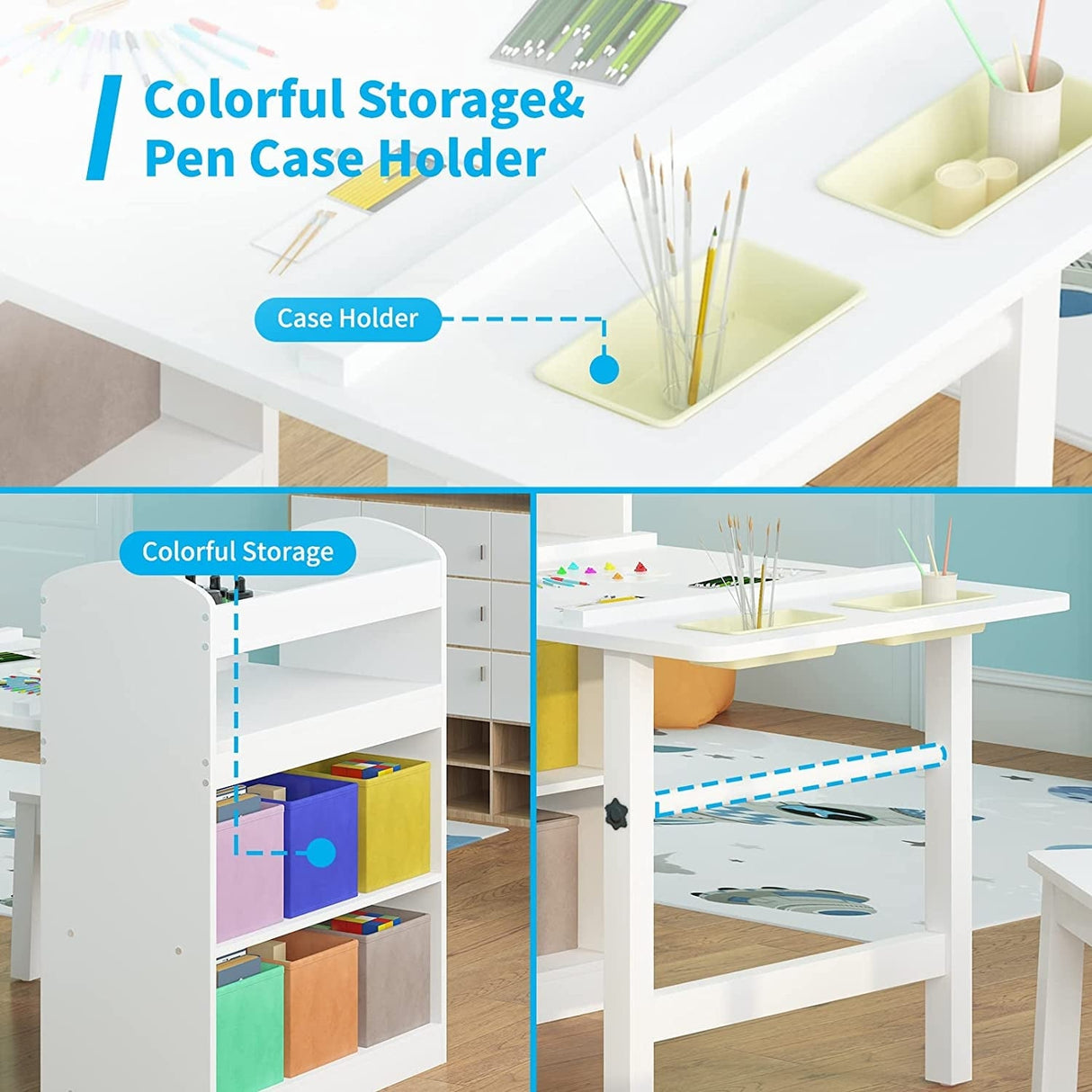 Kids Art Table and 2 Chairs,Kid Craft Table with Supplies Storage Shelves,Canvas Bins,Paper Roll for Preschool Toddler