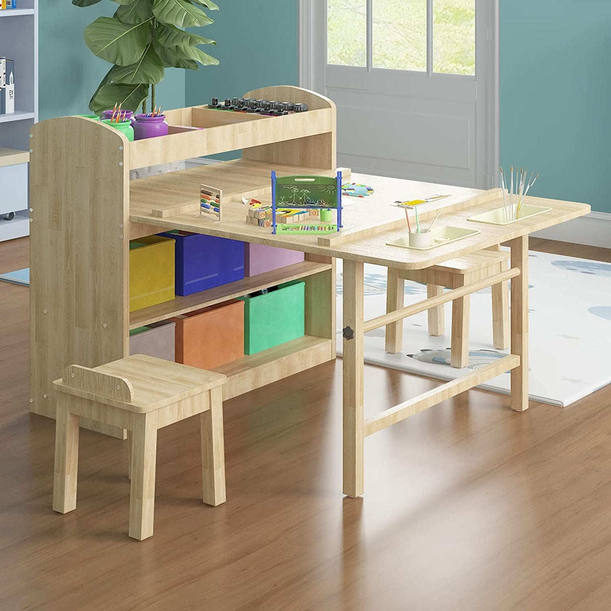 Kids Art Table and 2 Chairs,Kid Craft Table with Supplies Storage Shelves,Canvas Bins,Paper Roll for Preschool Toddler