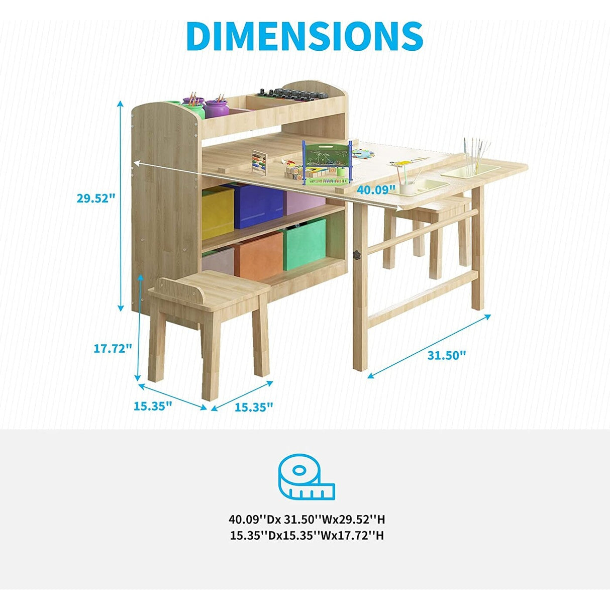 Kids Art Table and 2 Chairs,Kid Craft Table with Supplies Storage Shelves,Canvas Bins,Paper Roll for Preschool Toddler