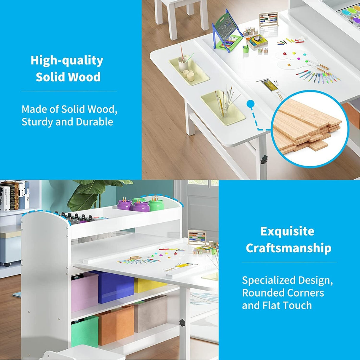 Kids Art Table and 2 Chairs,Kid Craft Table with Supplies Storage Shelves,Canvas Bins,Paper Roll for Preschool Toddler