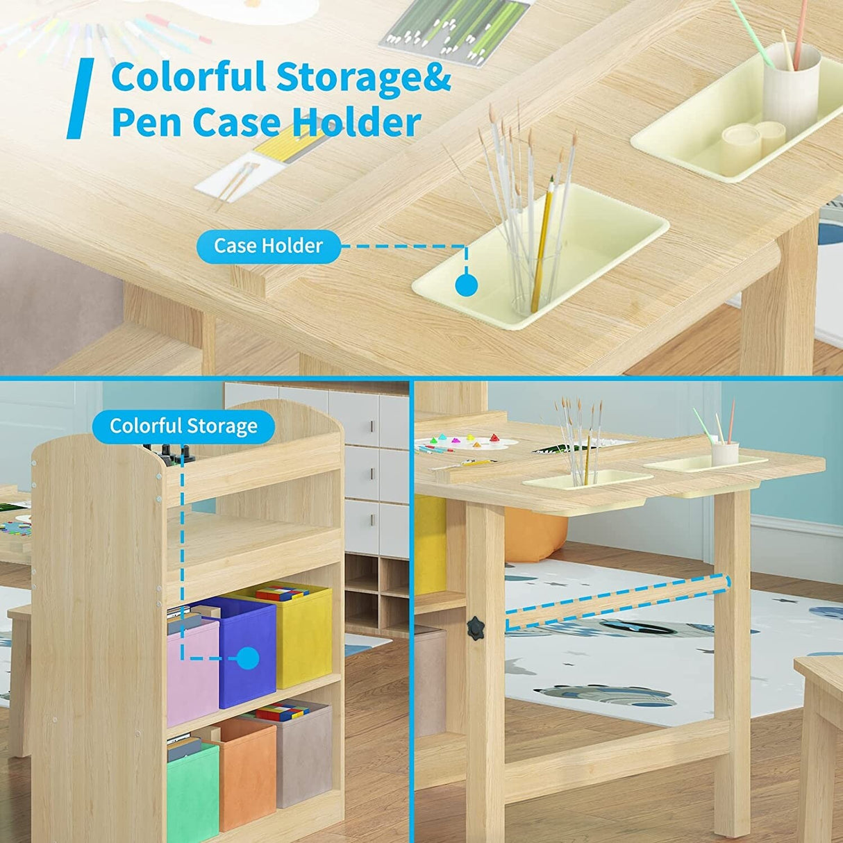 Kids Art Table and 2 Chairs,Kid Craft Table with Supplies Storage Shelves,Canvas Bins,Paper Roll for Preschool Toddler