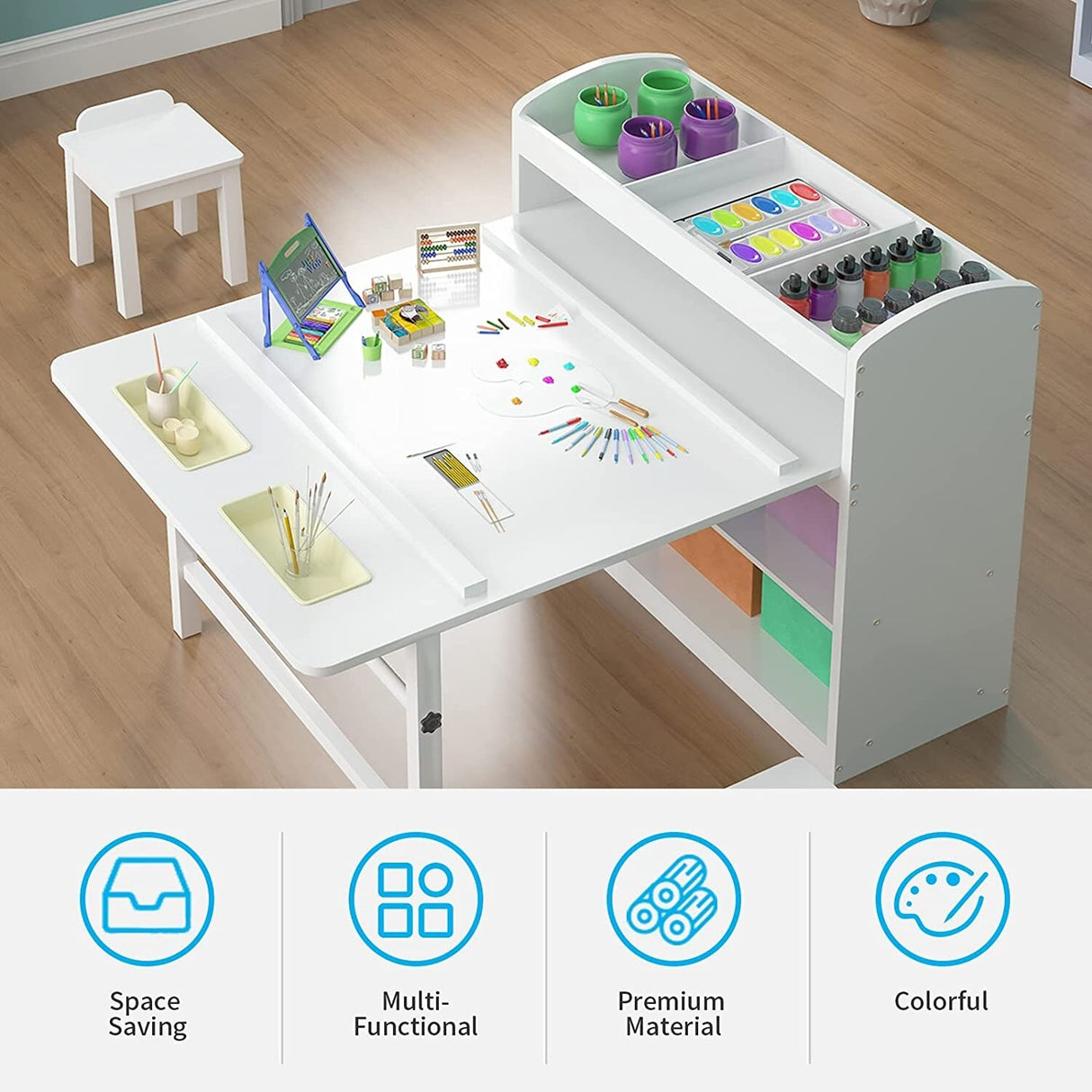 Kids Art Table and 2 Chairs,Kid Craft Table with Supplies Storage Shelves,Canvas Bins,Paper Roll for Preschool Toddler