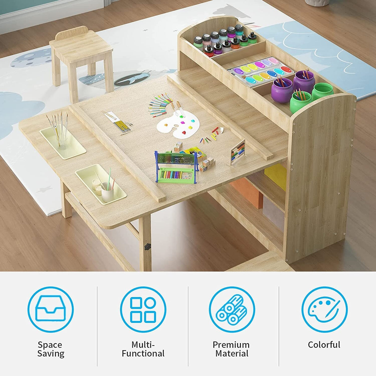 Kids Art Table and 2 Chairs,Kid Craft Table with Supplies Storage Shelves,Canvas Bins,Paper Roll for Preschool Toddler
