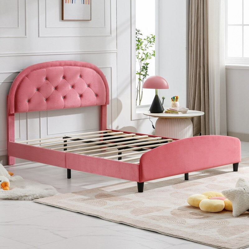 Mixoy Kids Bed with Crystal Tufted Headboard,Pink Princess Bed for Childs