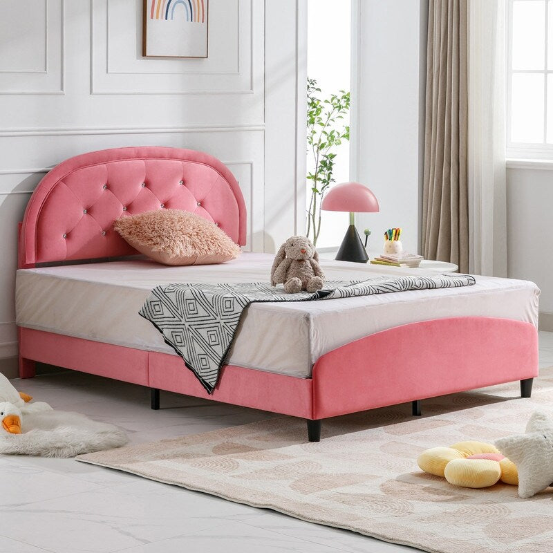 Mixoy Kids Bed with Crystal Tufted Headboard,Pink Princess Bed for Childs