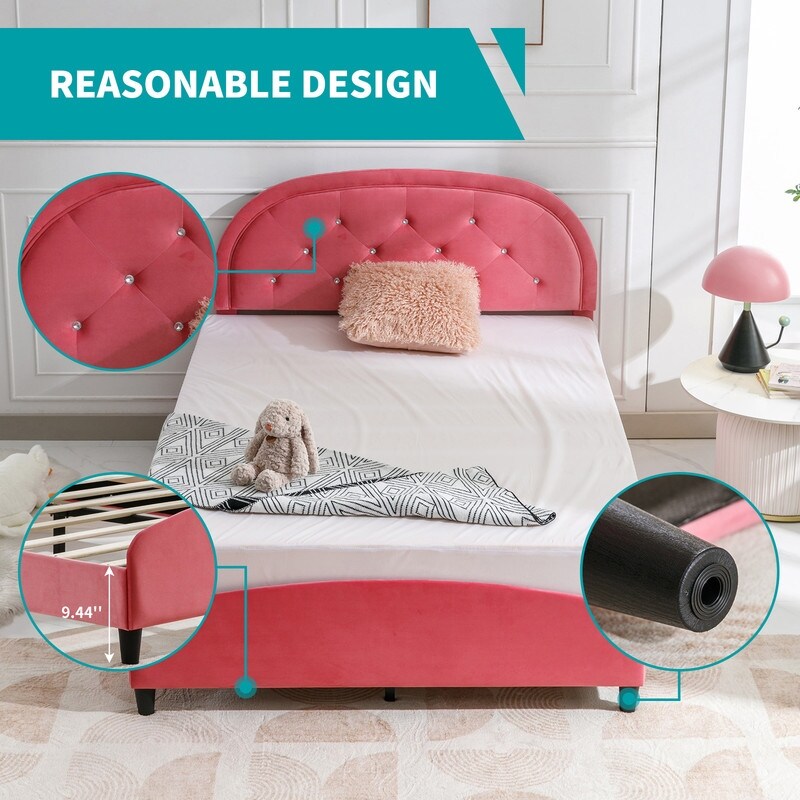 Mixoy Kids Bed with Crystal Tufted Headboard,Pink Princess Bed for Childs