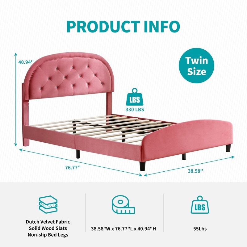 Mixoy Kids Bed with Crystal Tufted Headboard,Pink Princess Bed for Childs