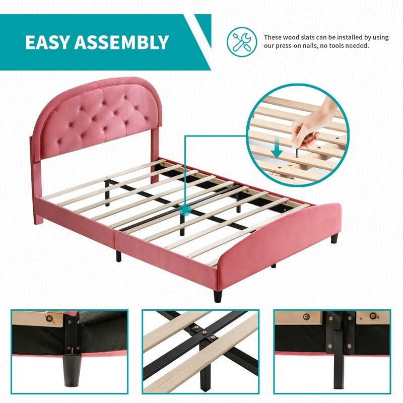 Mixoy Kids Bed with Crystal Tufted Headboard,Pink Princess Bed for Childs