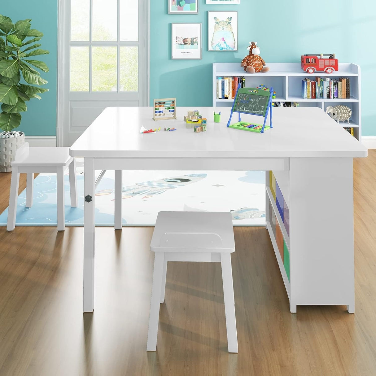 Mixoy Kids Table and Chair Set,Child Crafting table with Paper Roller and Removable Storage Box, Art Storage for Kids Reading