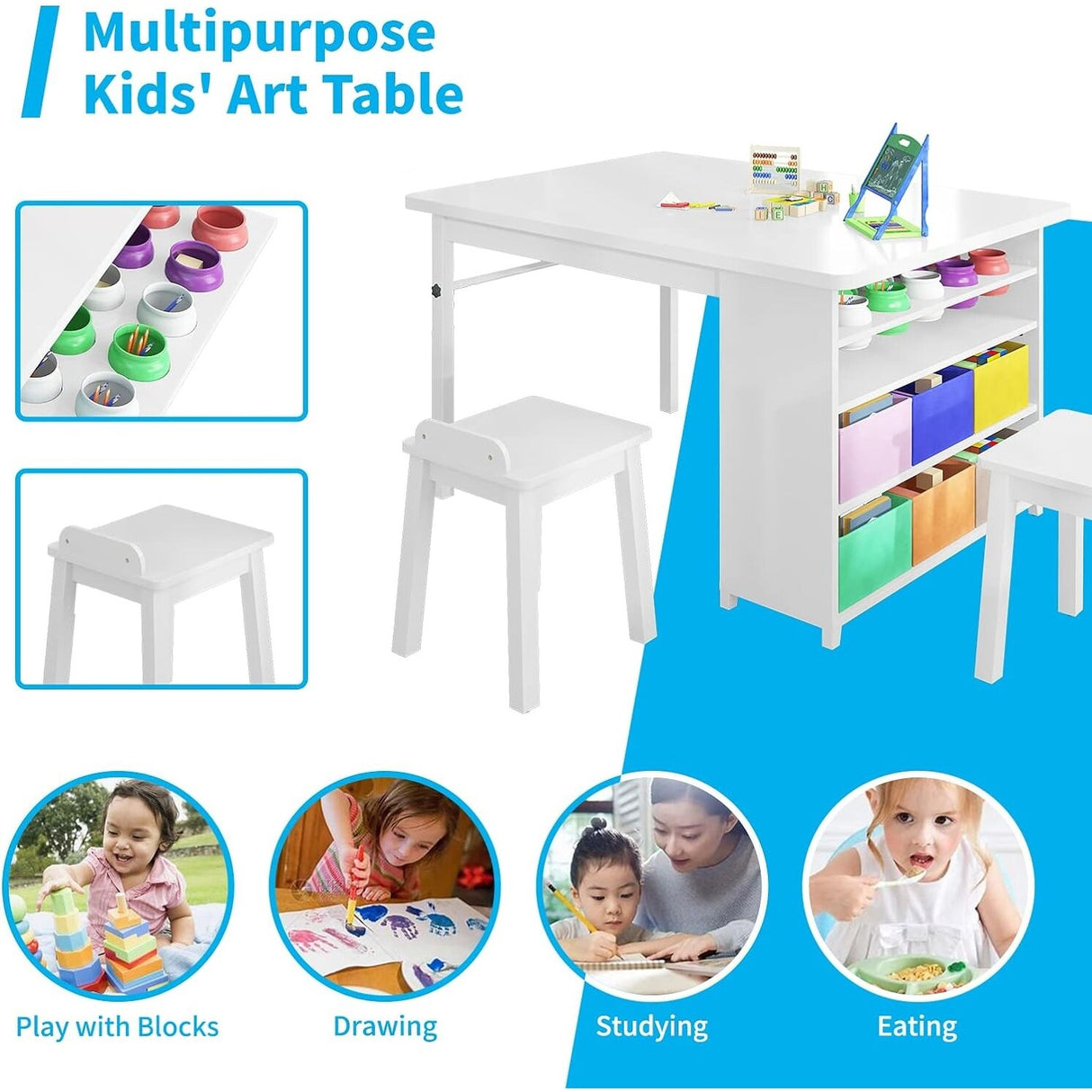 Mixoy Kids Table and Chair Set,Child Crafting table with Paper Roller and Removable Storage Box, Art Storage for Kids Reading
