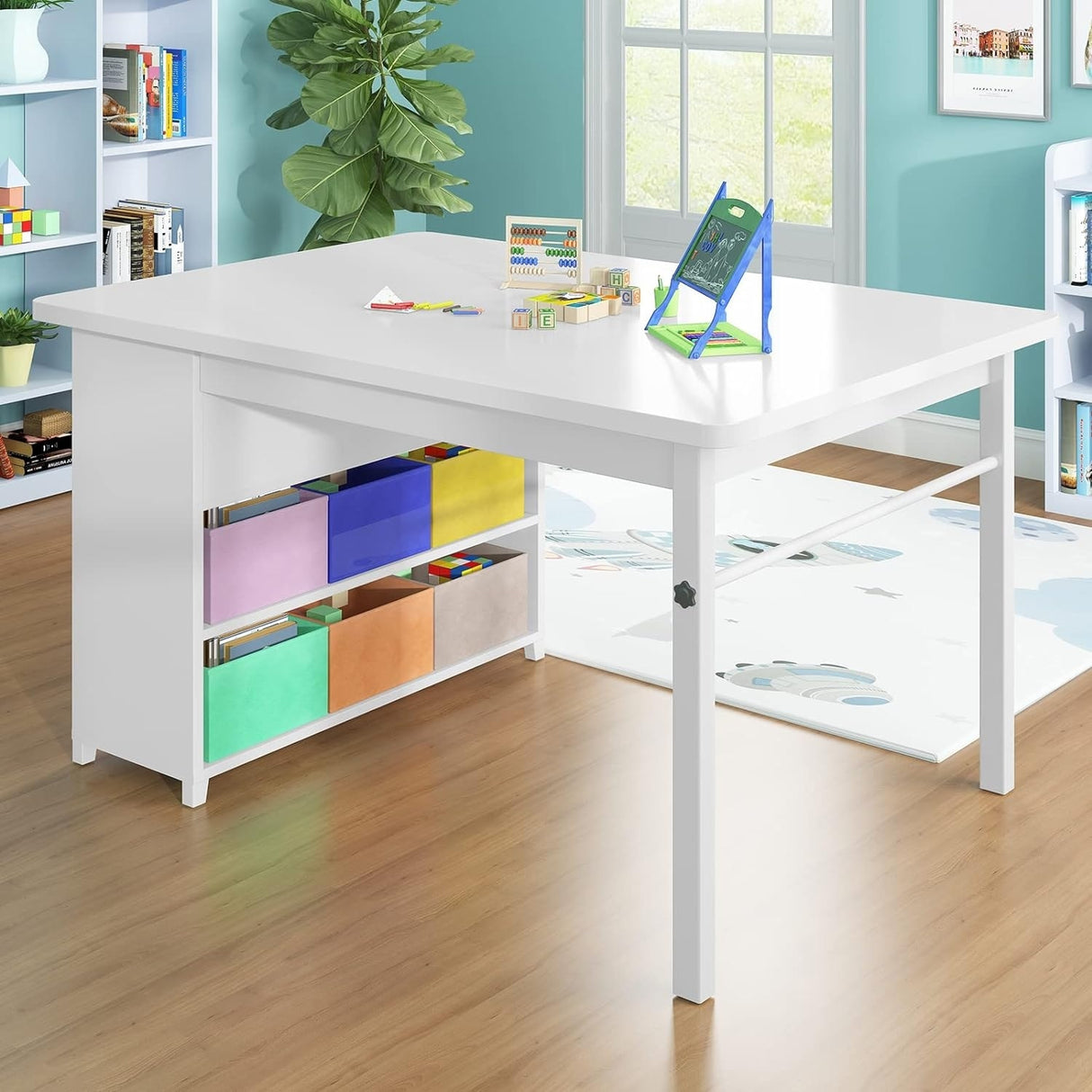 Mixoy Kids Table and Chair Set,Child Crafting table with Paper Roller and Removable Storage Box, Art Storage for Kids Reading