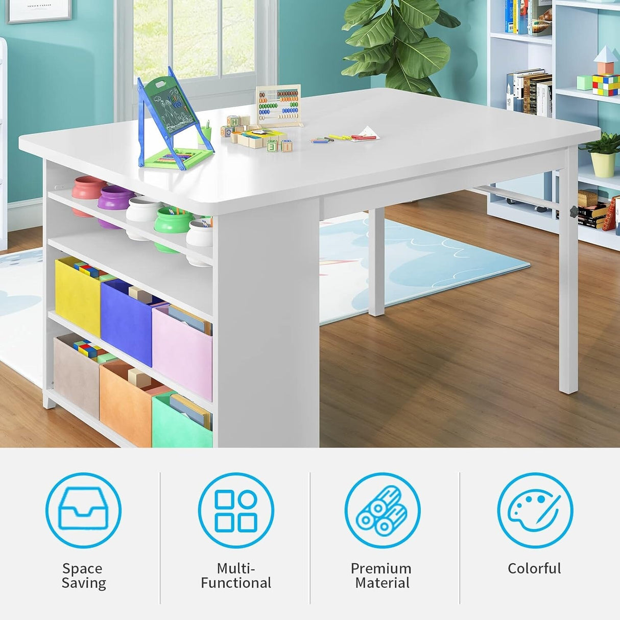 Mixoy Kids Table and Chair Set,Child Crafting table with Paper Roller and Removable Storage Box, Art Storage for Kids Reading