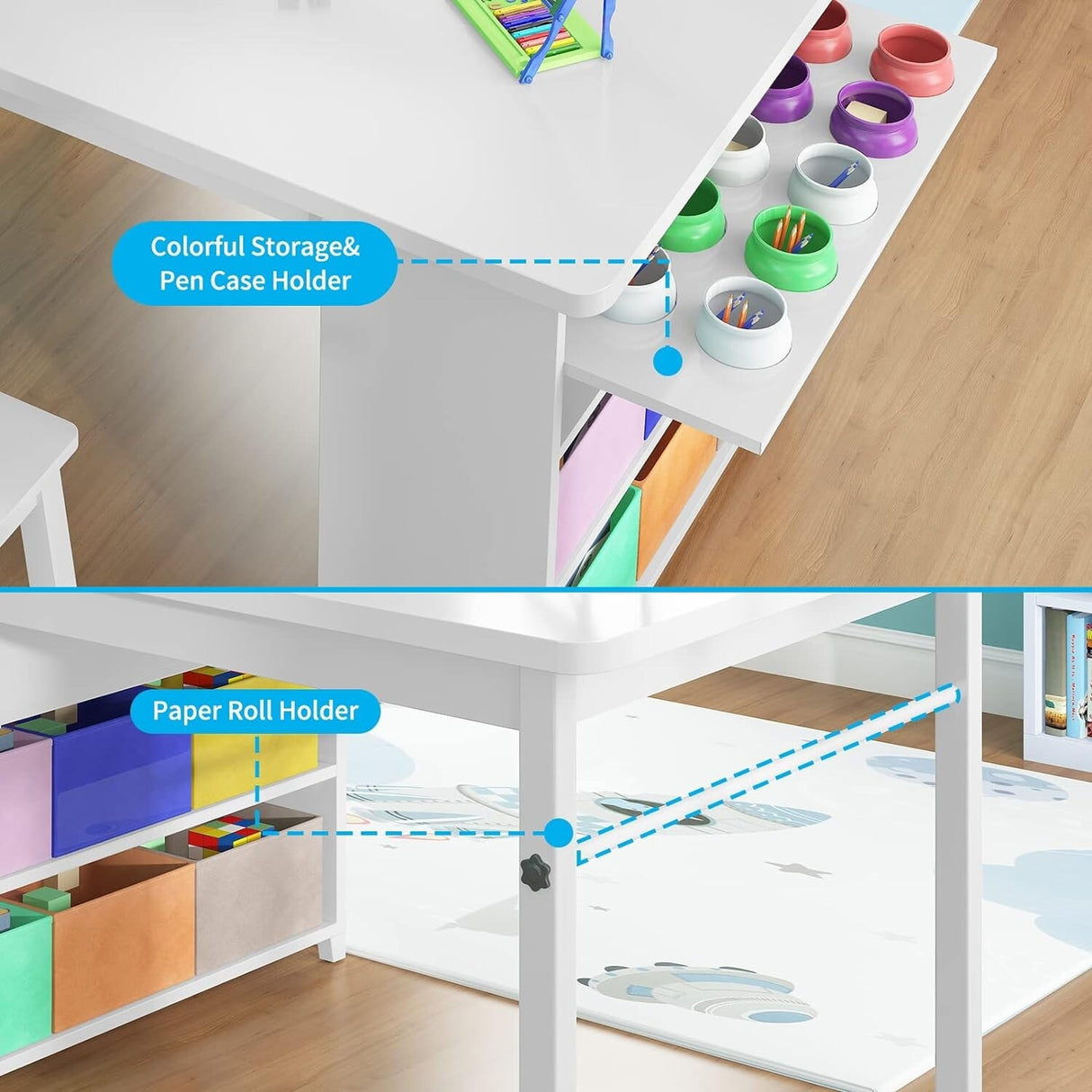 Mixoy Kids Table and Chair Set,Child Crafting table with Paper Roller and Removable Storage Box, Art Storage for Kids Reading