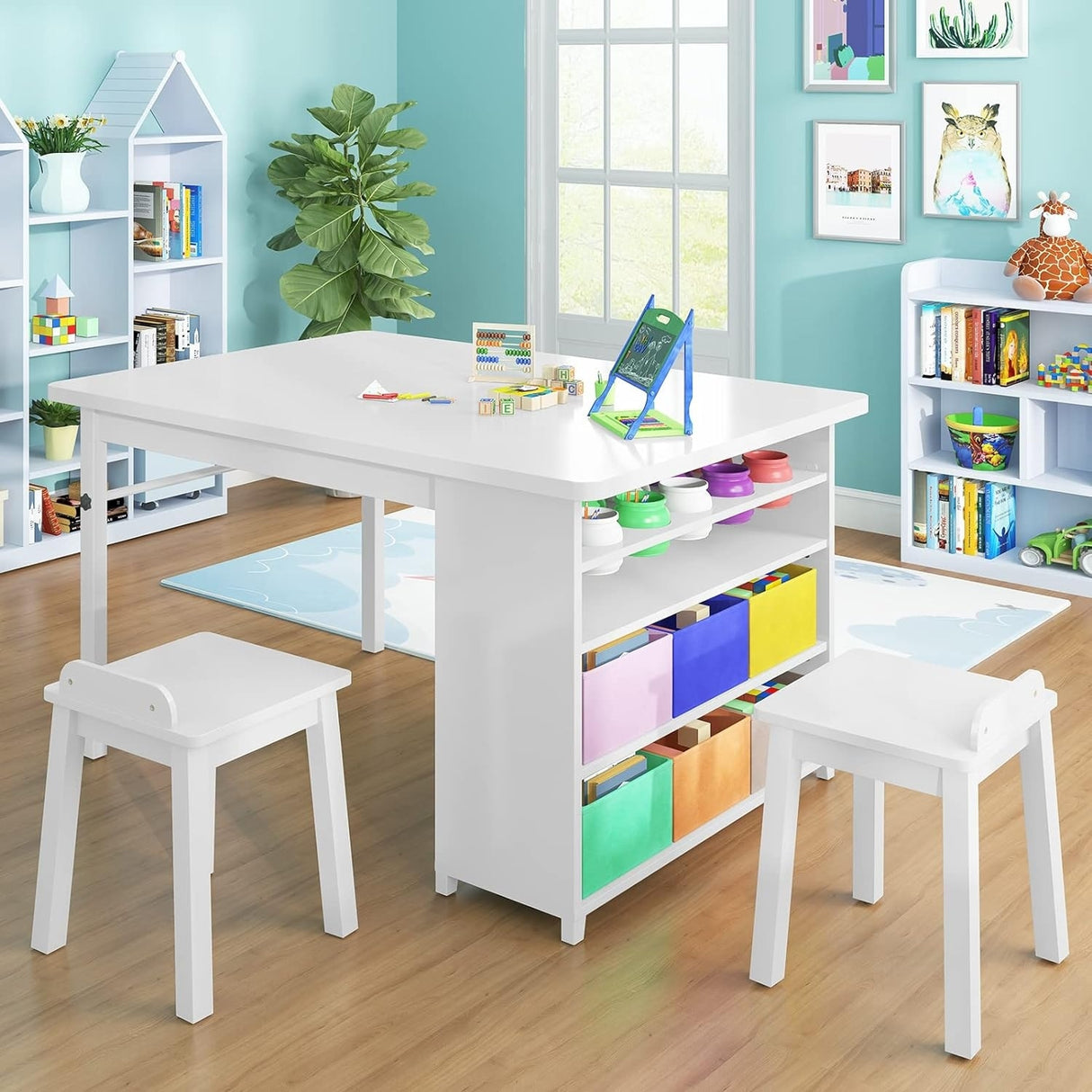 Mixoy Kids Table and Chair Set,Child Crafting table with Paper Roller and Removable Storage Box, Art Storage for Kids Reading