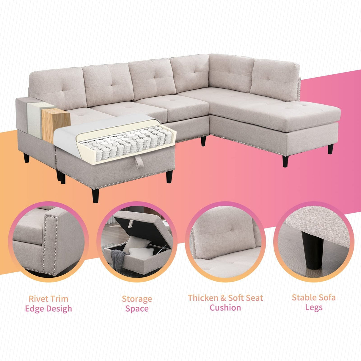 Mixoy L-Shaped Sectional Sofa with 2 Cup Holders,Storage Ottoman