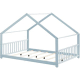 Mixoy House Shaped Bed Frame, Kids House Bed Frame with Fence, Floor Bed Frame for Toddlers, Playhouse Bed with Headboard