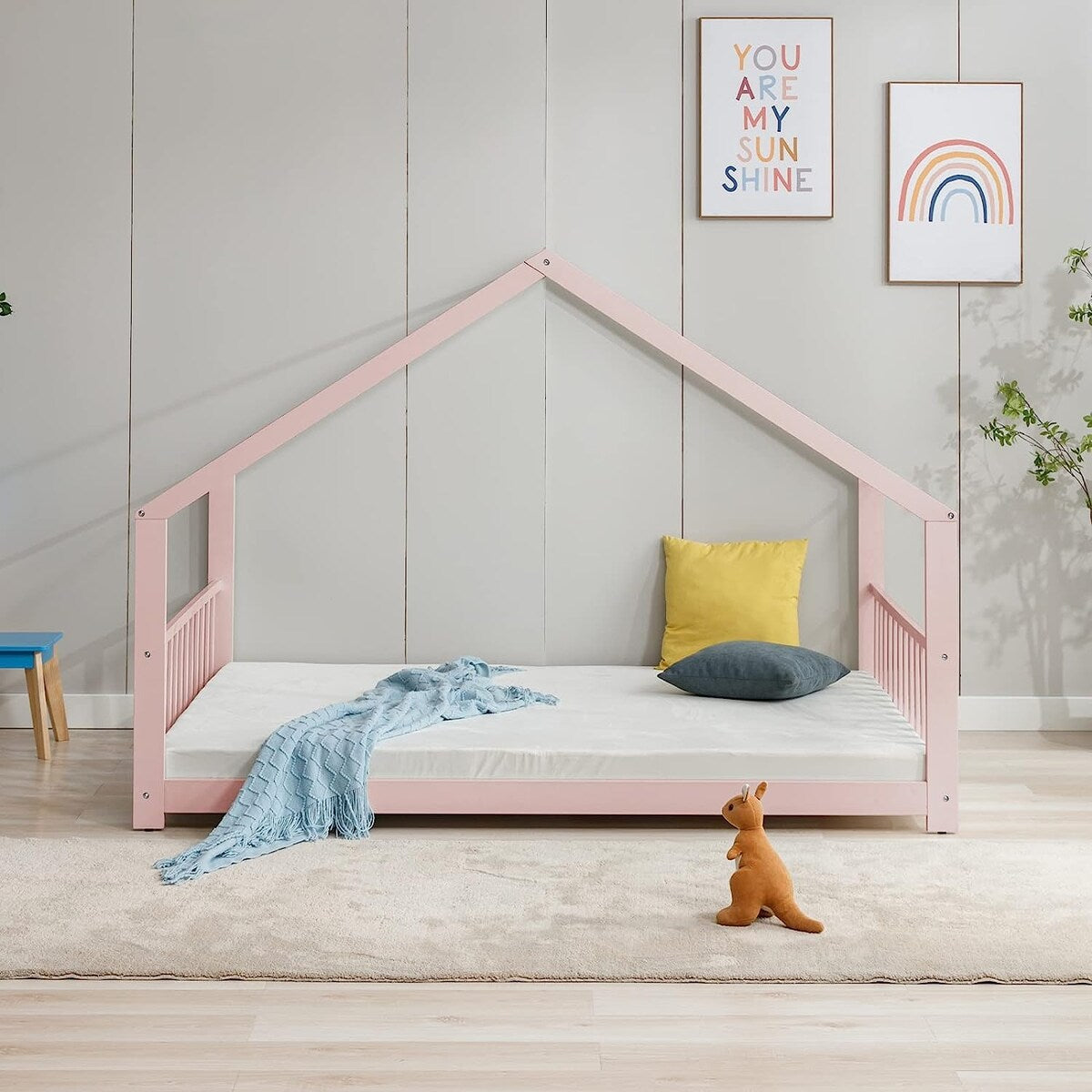 Mixoy House Shaped Bed Frame, Kids House Bed Frame with Fence, Floor Bed Frame for Toddlers, Playhouse Bed with Headboard