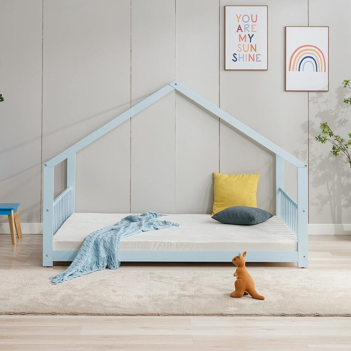 Mixoy House Shaped Bed Frame, Kids House Bed Frame with Fence, Floor Bed Frame for Toddlers, Playhouse Bed with Headboard