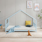 Mixoy House Shaped Bed Frame, Kids House Bed Frame with Fence, Floor Bed Frame for Toddlers, Playhouse Bed with Headboard