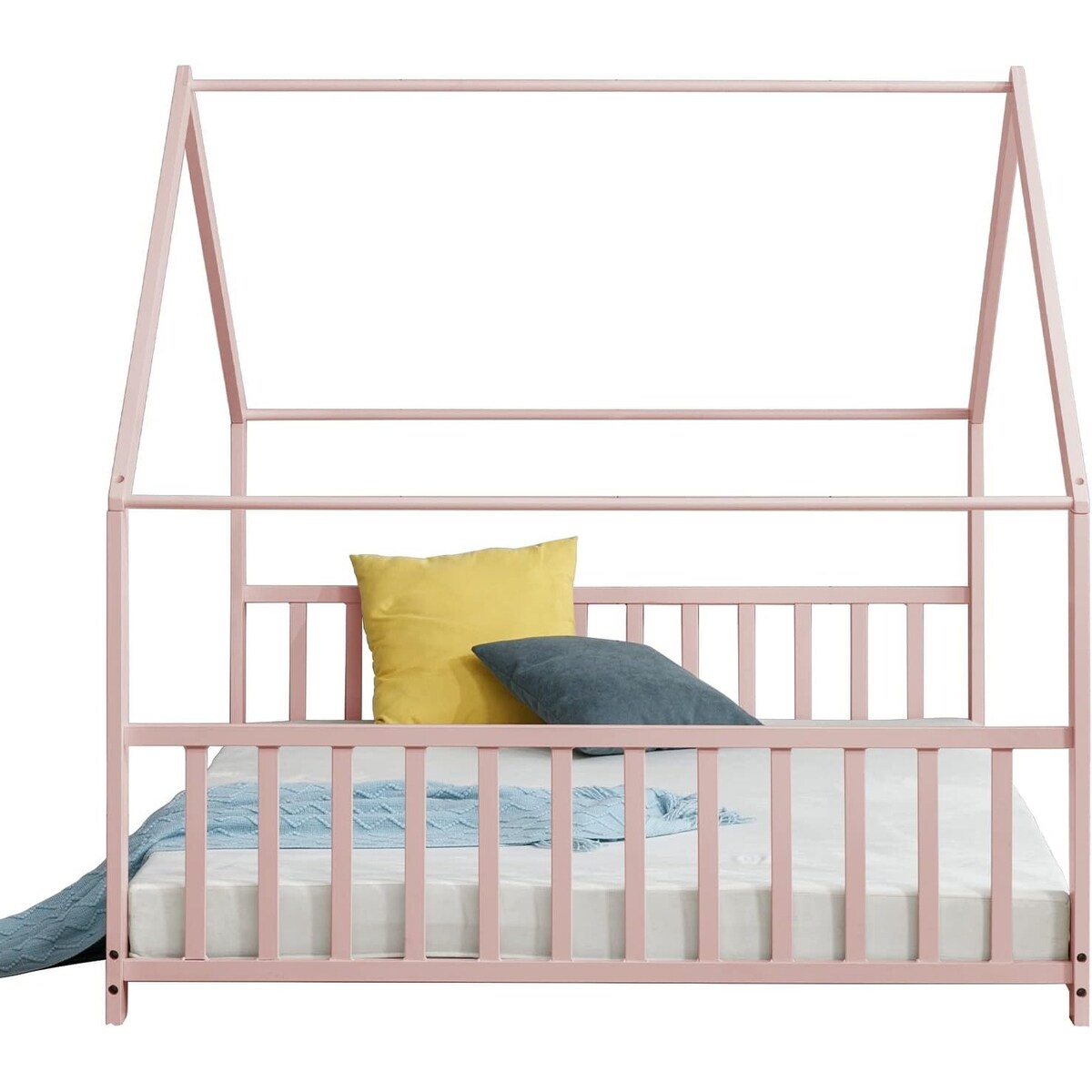 Mixoy House Shaped Bed Frame, Kids House Bed Frame with Fence, Floor Bed Frame for Toddlers, Playhouse Bed with Headboard