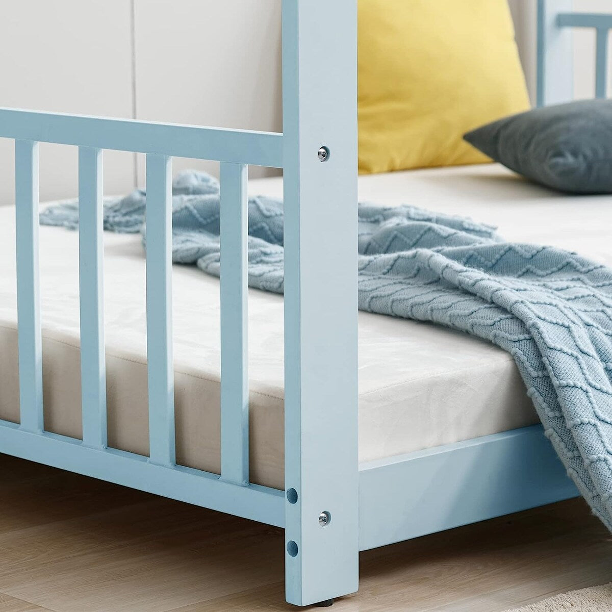 Mixoy House Shaped Bed Frame, Kids House Bed Frame with Fence, Floor Bed Frame for Toddlers, Playhouse Bed with Headboard