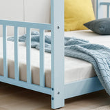 Mixoy House Shaped Bed Frame, Kids House Bed Frame with Fence, Floor Bed Frame for Toddlers, Playhouse Bed with Headboard