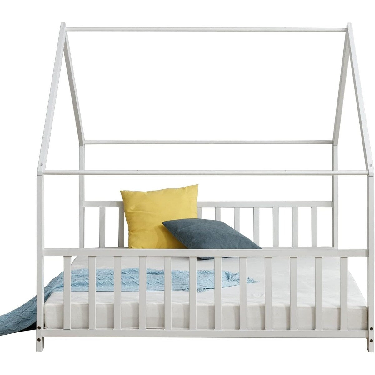 Mixoy House Shaped Bed Frame, Kids House Bed Frame with Fence, Floor Bed Frame for Toddlers, Playhouse Bed with Headboard