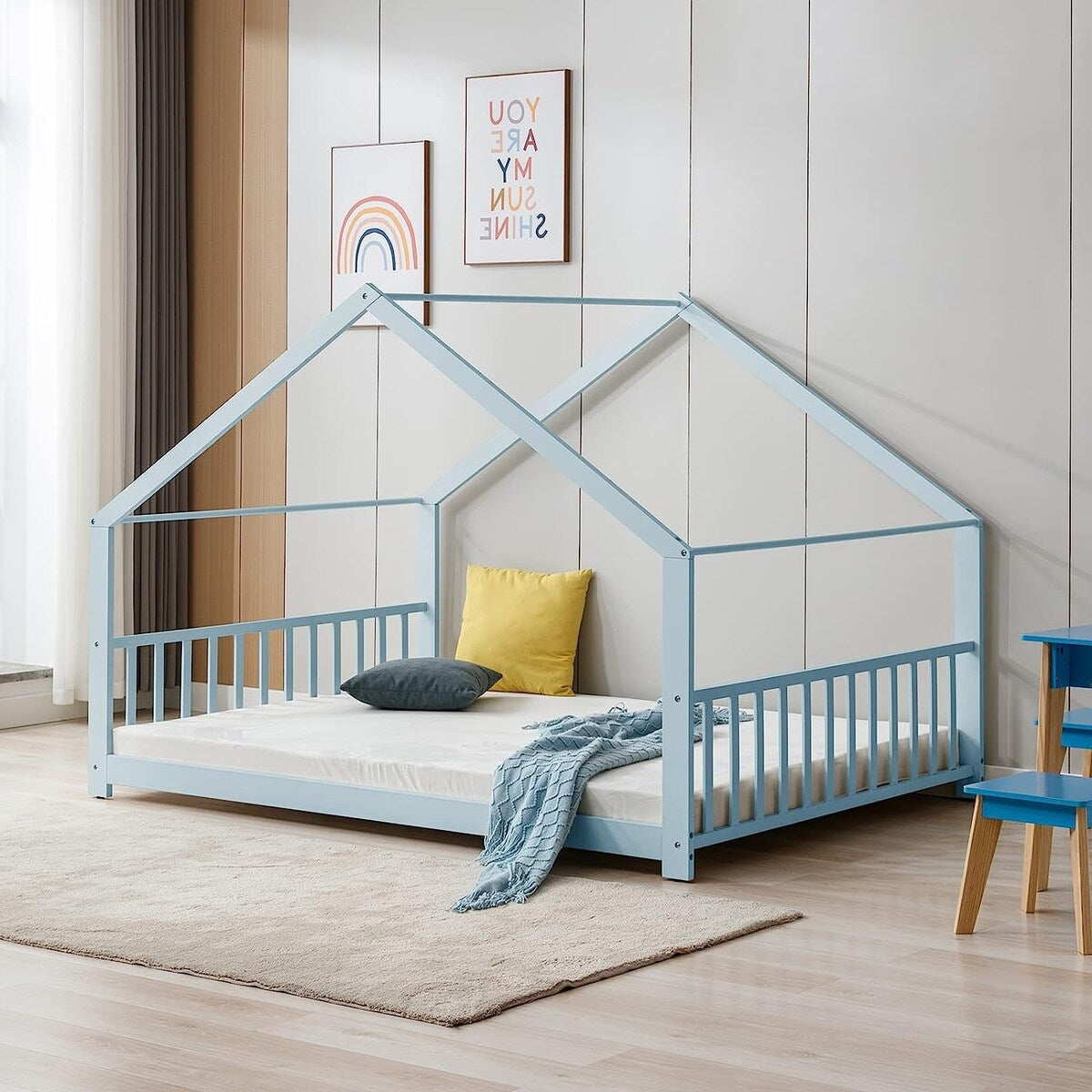 Mixoy House Shaped Bed Frame, Kids House Bed Frame with Fence, Floor Bed Frame for Toddlers, Playhouse Bed with Headboard