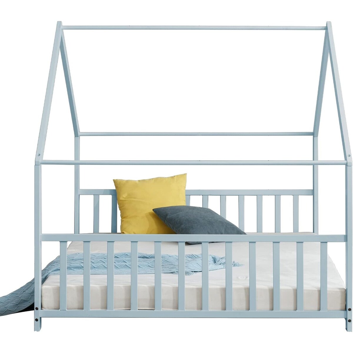 Mixoy House Shaped Bed Frame, Kids House Bed Frame with Fence, Floor Bed Frame for Toddlers, Playhouse Bed with Headboard