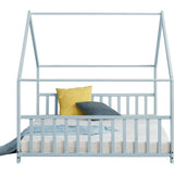 Mixoy House Shaped Bed Frame, Kids House Bed Frame with Fence, Floor Bed Frame for Toddlers, Playhouse Bed with Headboard