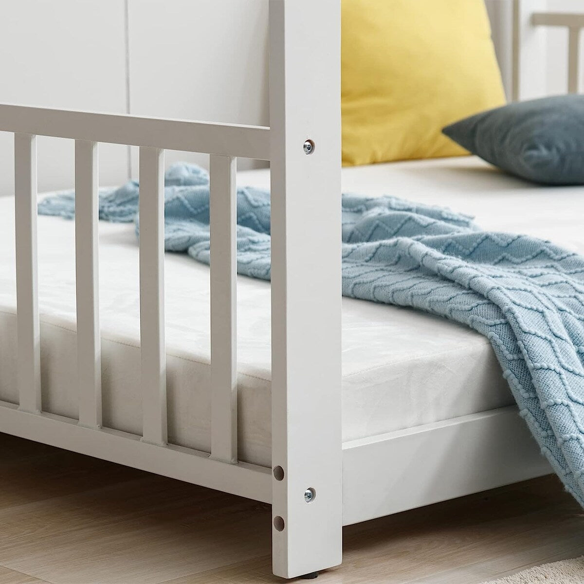 Mixoy House Shaped Bed Frame, Kids House Bed Frame with Fence, Floor Bed Frame for Toddlers, Playhouse Bed with Headboard