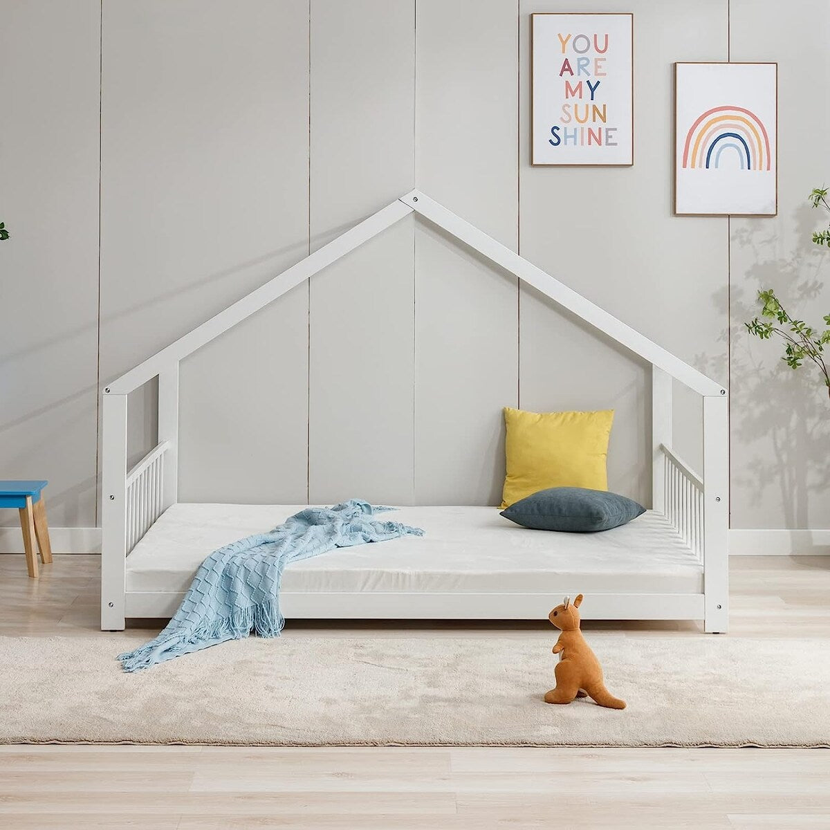 Mixoy House Shaped Bed Frame, Kids House Bed Frame with Fence, Floor Bed Frame for Toddlers, Playhouse Bed with Headboard