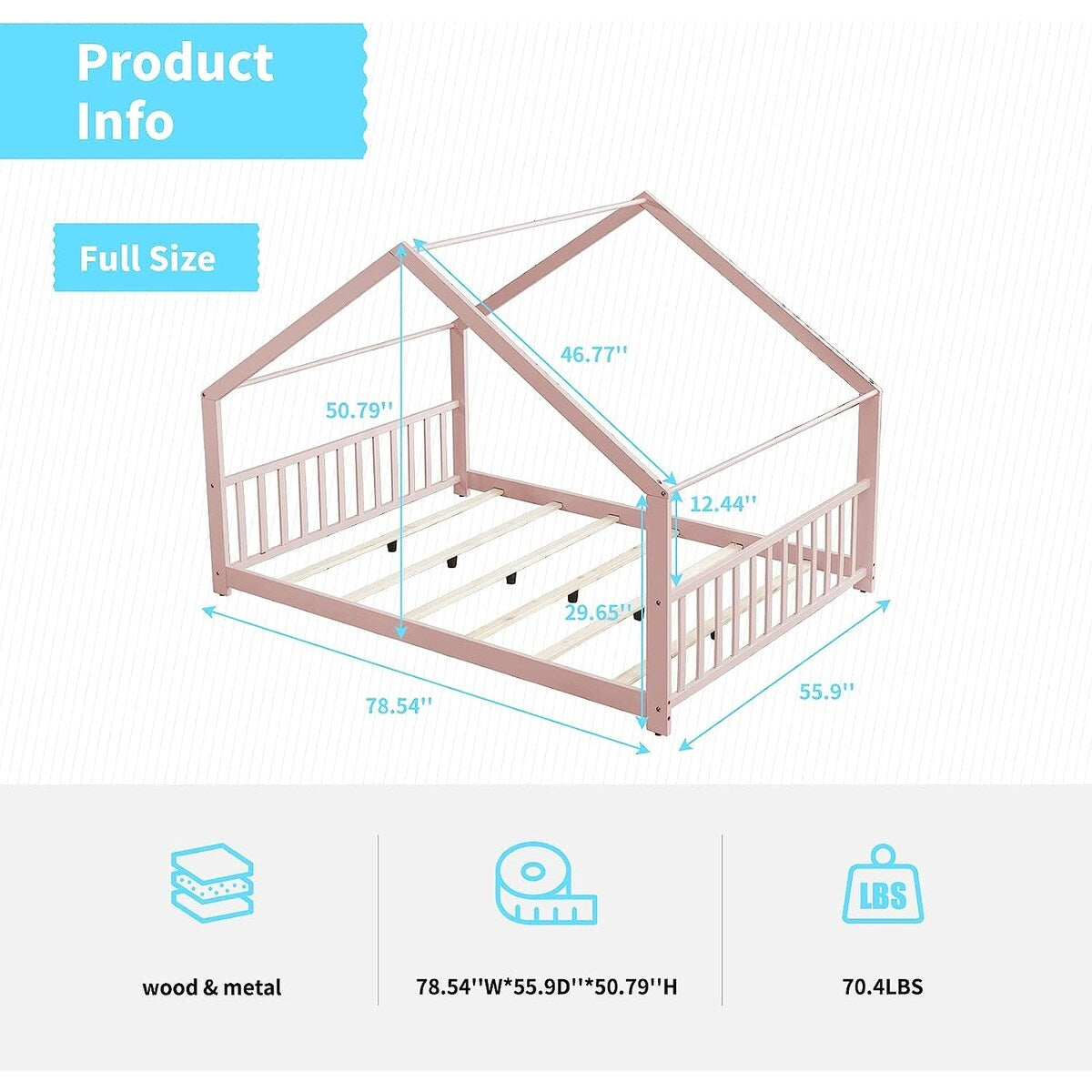 Mixoy House Shaped Bed Frame, Kids House Bed Frame with Fence, Floor Bed Frame for Toddlers, Playhouse Bed with Headboard