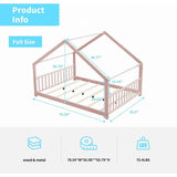 Mixoy House Shaped Bed Frame, Kids House Bed Frame with Fence, Floor Bed Frame for Toddlers, Playhouse Bed with Headboard