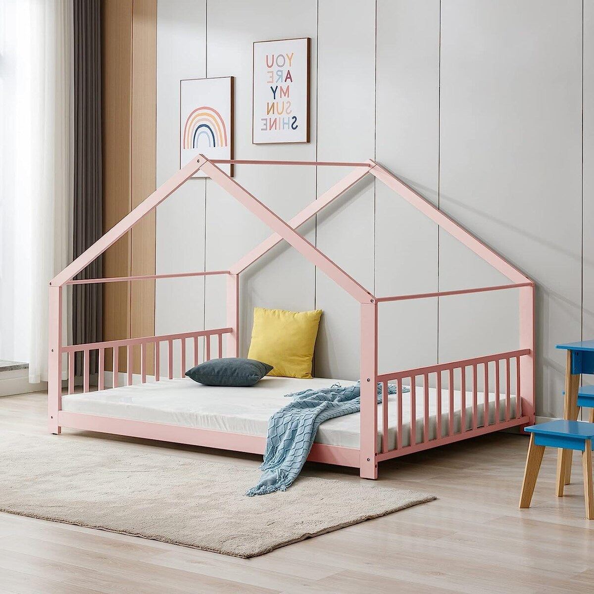 Mixoy House Shaped Bed Frame, Kids House Bed Frame with Fence, Floor Bed Frame for Toddlers, Playhouse Bed with Headboard