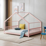 Mixoy House Shaped Bed Frame, Kids House Bed Frame with Fence, Floor Bed Frame for Toddlers, Playhouse Bed with Headboard