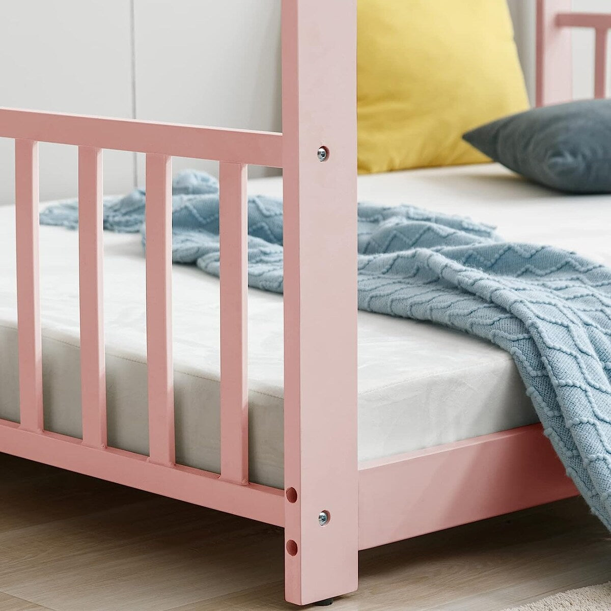 Mixoy House Shaped Bed Frame, Kids House Bed Frame with Fence, Floor Bed Frame for Toddlers, Playhouse Bed with Headboard