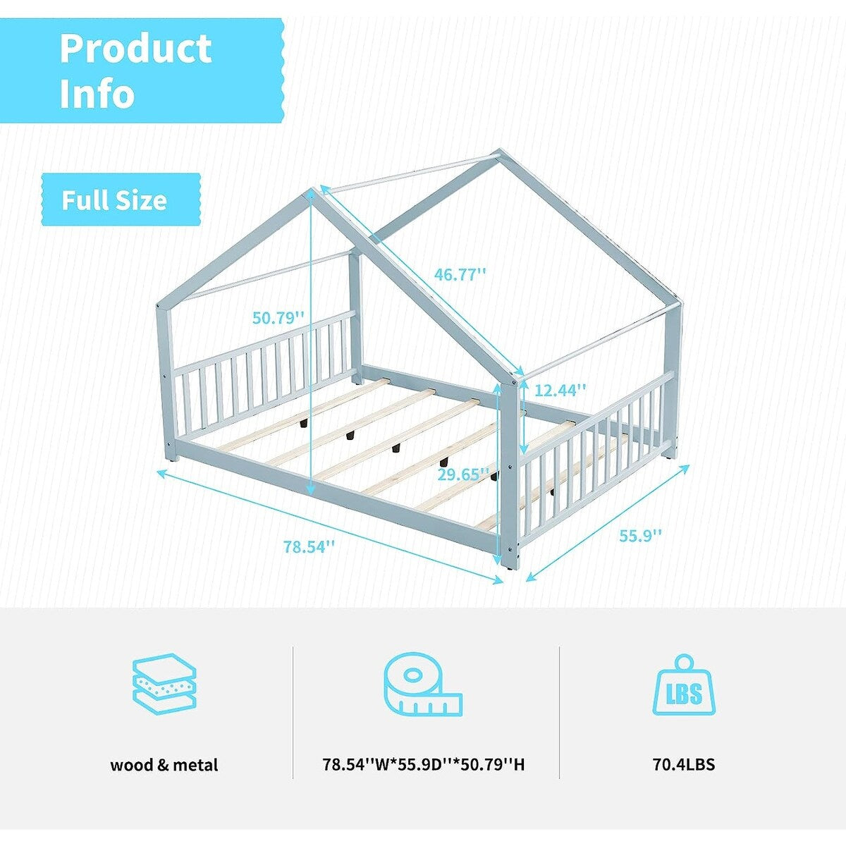 Mixoy House Shaped Bed Frame, Kids House Bed Frame with Fence, Floor Bed Frame for Toddlers, Playhouse Bed with Headboard