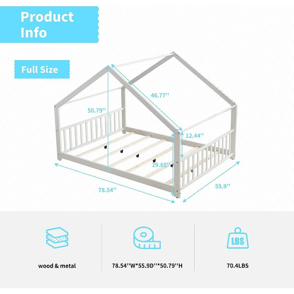 Mixoy House Shaped Bed Frame, Kids House Bed Frame with Fence, Floor Bed Frame for Toddlers, Playhouse Bed with Headboard