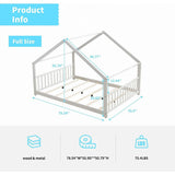 Mixoy House Shaped Bed Frame, Kids House Bed Frame with Fence, Floor Bed Frame for Toddlers, Playhouse Bed with Headboard